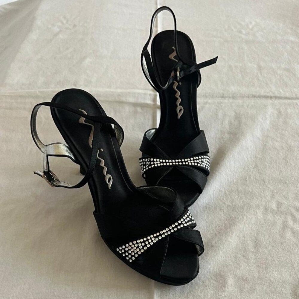 Nina Black Satin Dress Heels with Bling (Size 7N)